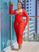 Elegant V-Neck Embellished Dress - close-up neckline