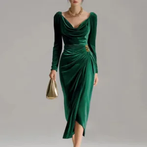 Model wearing Ruched Velvet Split Party Dress, trendy petite dress for women”