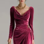 “Close-up of ruching on Ruched Velvet Split Party Dress, trendy petite dress for women”