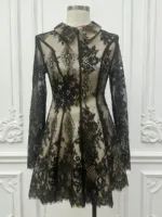 A mannequin of a women’s lace dress with Peter Pan collar, featuring delicate floral lace, vintage-inspired design, and a classic, feminine silhouette