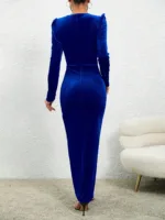 Royal Blue Velvet Slit Dress - side view