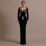 Close-up of rhinestone details on black blazer dress