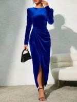 Royal Blue Velvet Slit Dress - elegant slit detail