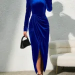 Royal Blue Velvet Slit Dress - main product image
