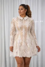 Elegant women’s lace dress with Peter Pan collar, featuring delicate floral lace, vintage-inspired design, and a classic, feminine silhouette