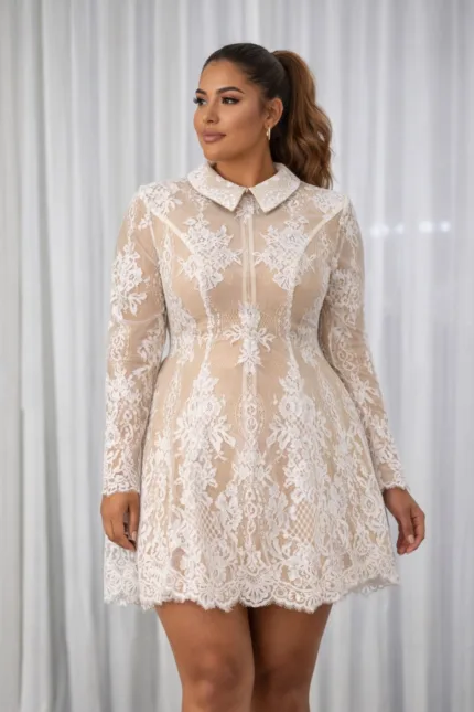 Elegant women’s lace dress with Peter Pan collar, featuring delicate floral lace, vintage-inspired design, and a classic, feminine silhouette