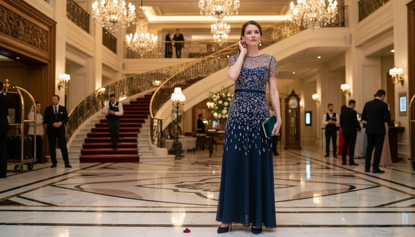 Woman in evening gown in elegant hotel lobby