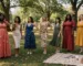 Seven women modeling trendy dress styles outdoors