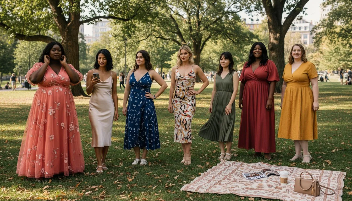 Seven women modeling trendy dress styles outdoors