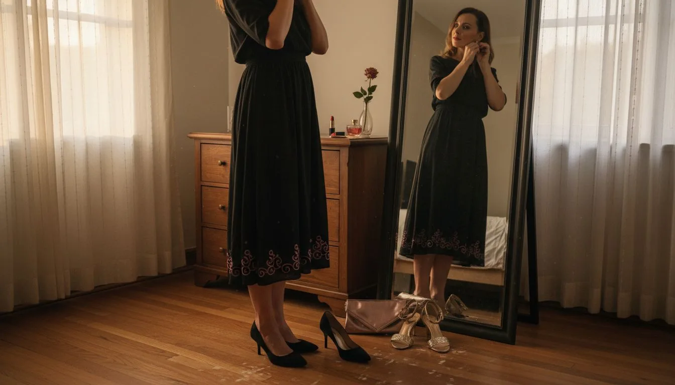 7 Must-Haves for Your Evening Outfit Checklist 1 Woman finalizing chic evening outfit in bedroom