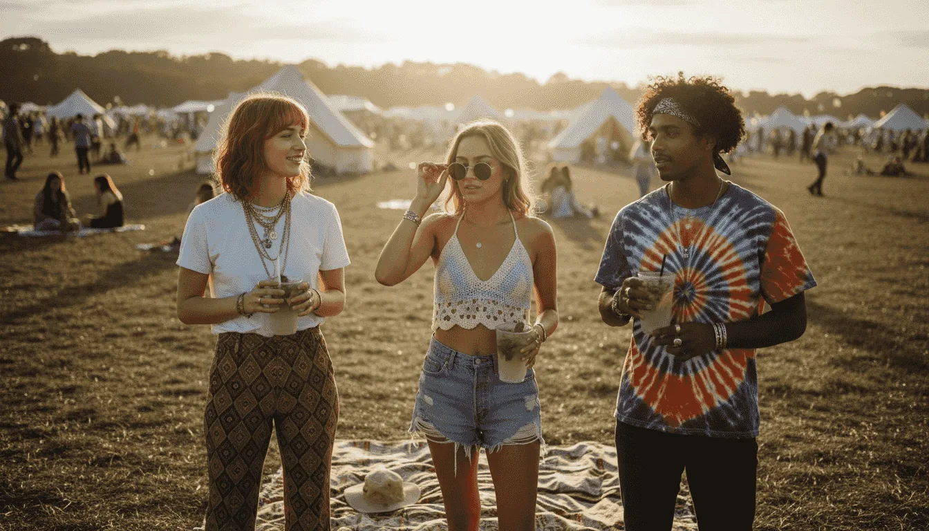 Festival Fashion: Defining Iconic Summer Style Trends 1 Group in festival fashion posing on grass