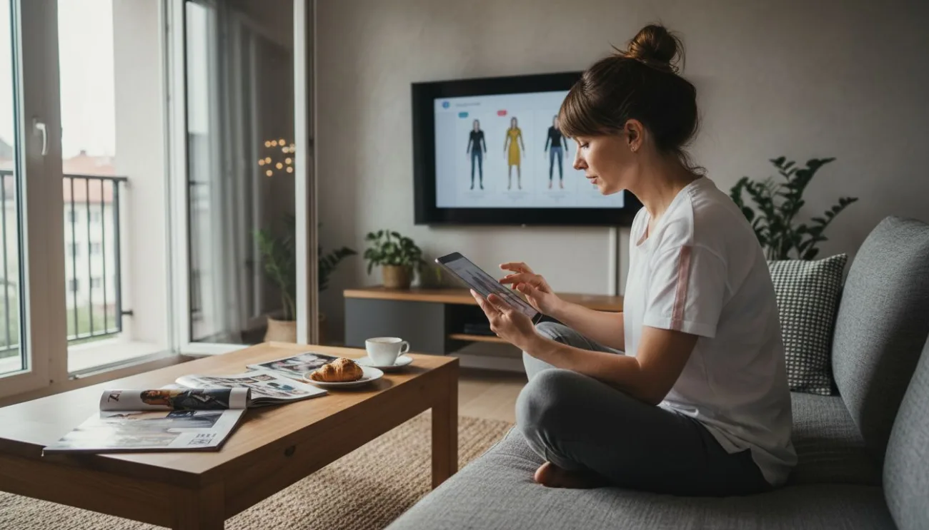 Woman browsing digital fashion in cozy living room