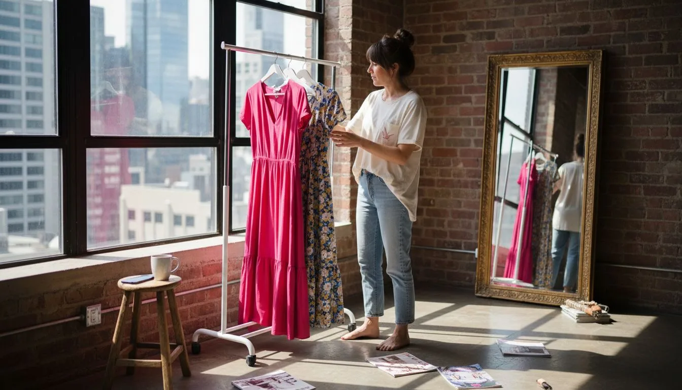 Woman choosing dresses in city loft