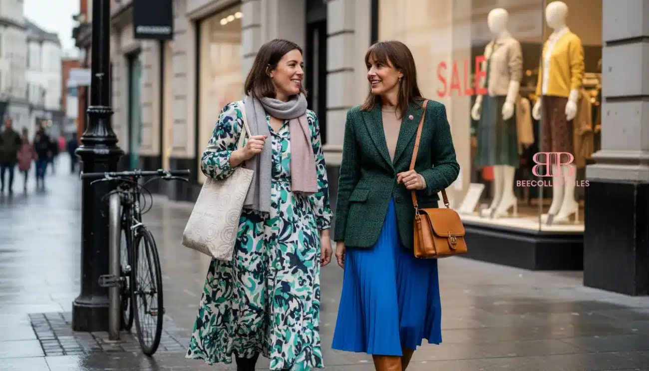 Irish women in colorful designer outfits on Dublin street
