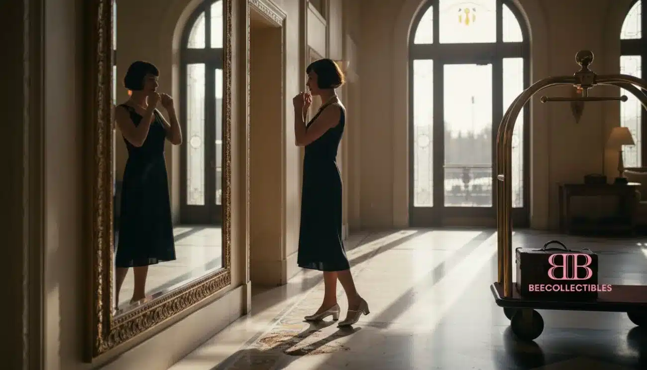 Woman adjusts black dress in vintage hotel lobby