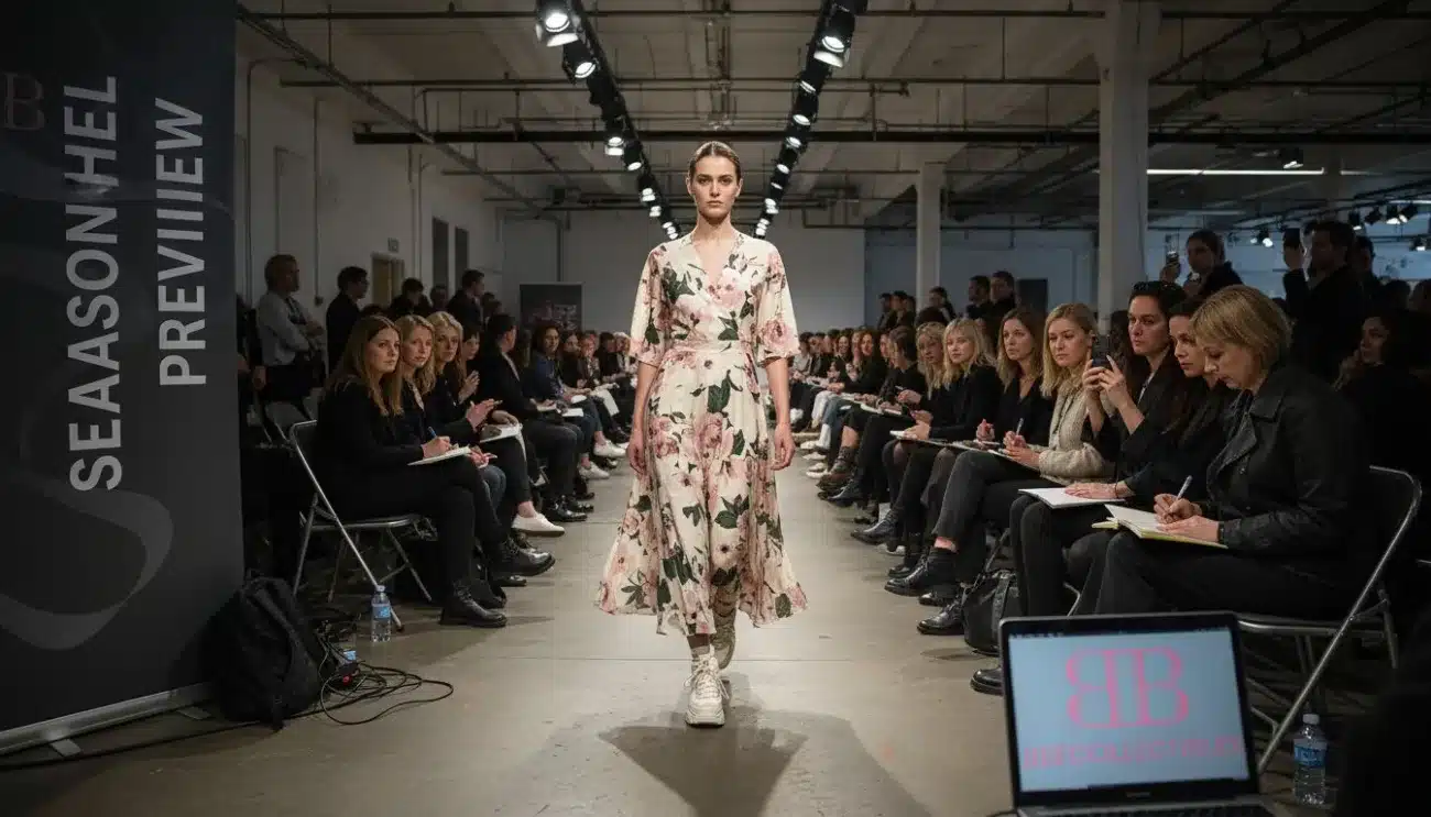 Model on runway during fashion week event