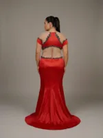 Back view of the red mesh and satin mix dress.