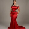 Full-length image of the red mesh and satin mix dress.