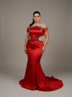 Another full-length view of the red mesh and satin mix dress.
