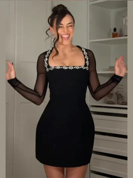 Embellished Mesh Patchwork Waist Crunch Dress