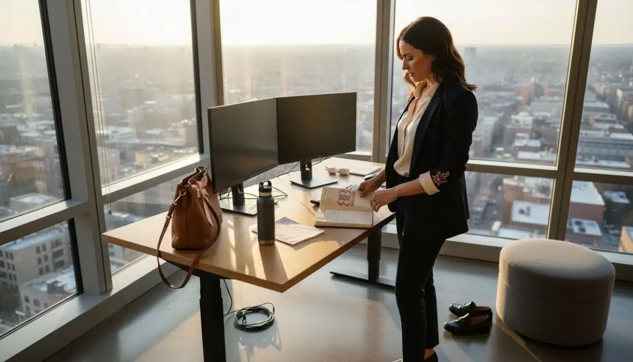 Woman organizes blazer at modern office desk