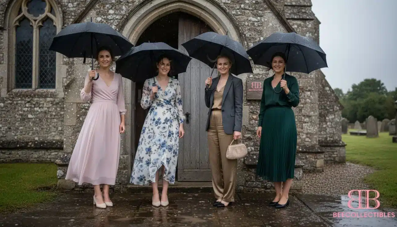 Women in wedding guest outfits with umbrellas
