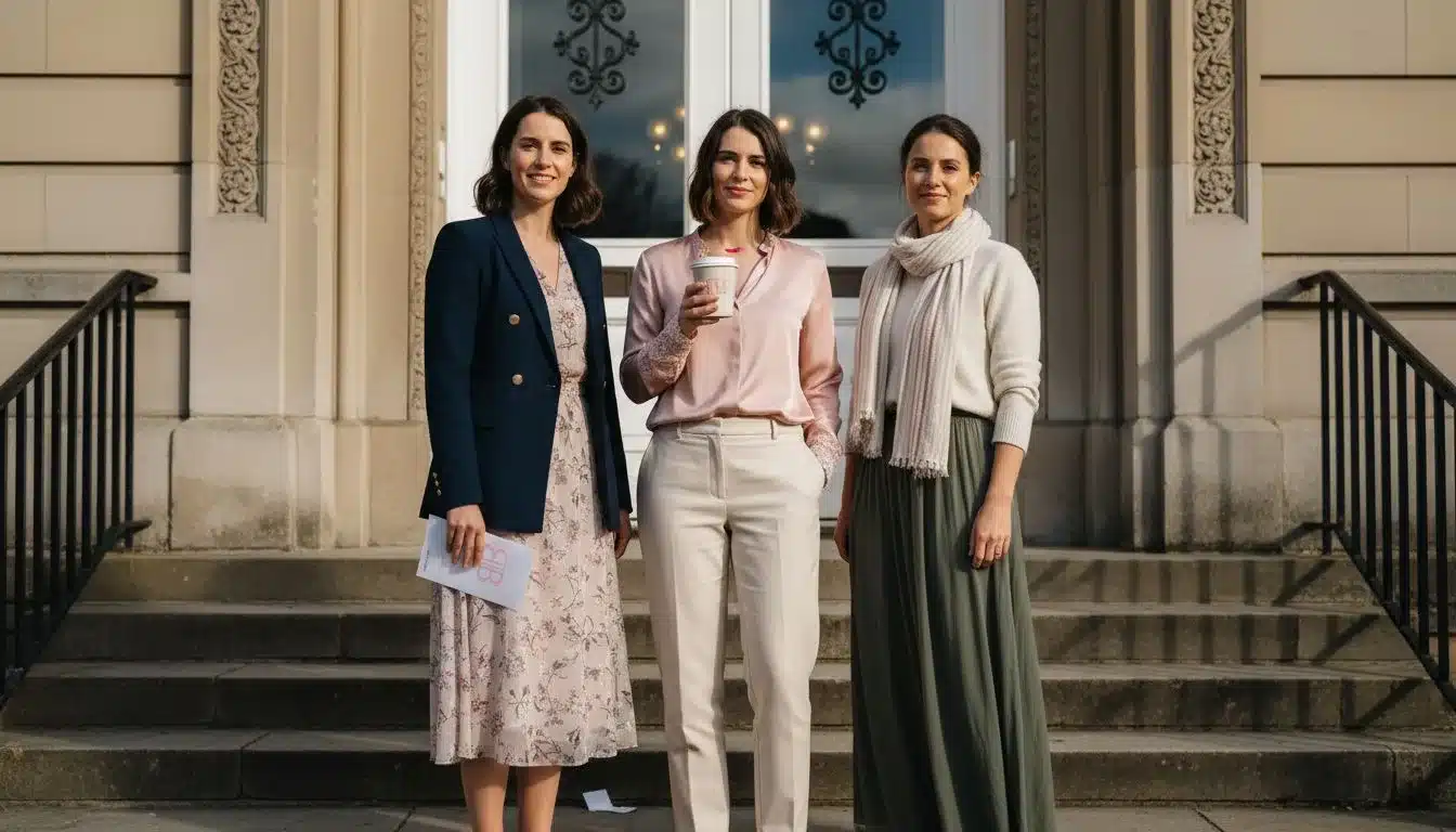 Women in smart casual outfits outside wedding venue