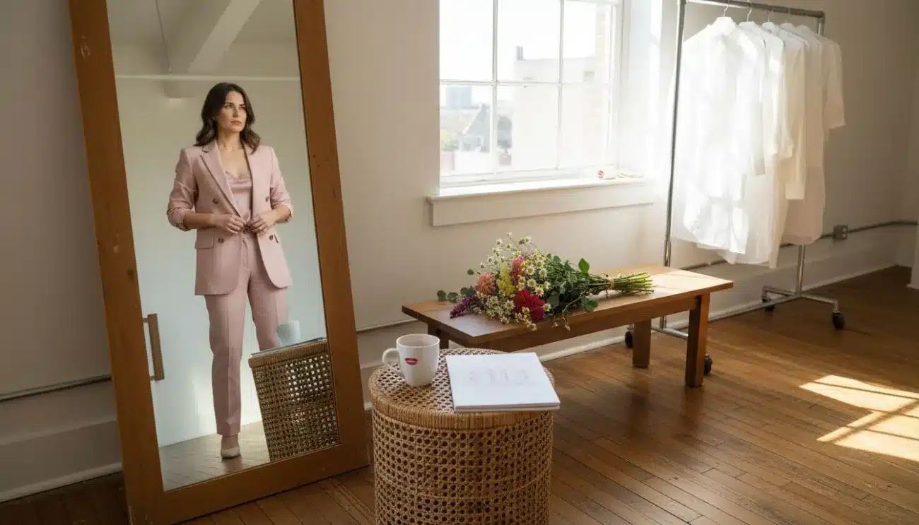 Woman choosing blazer for wedding in loft