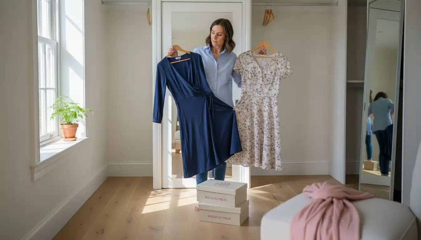 Woman choosing dress for her shape in closet