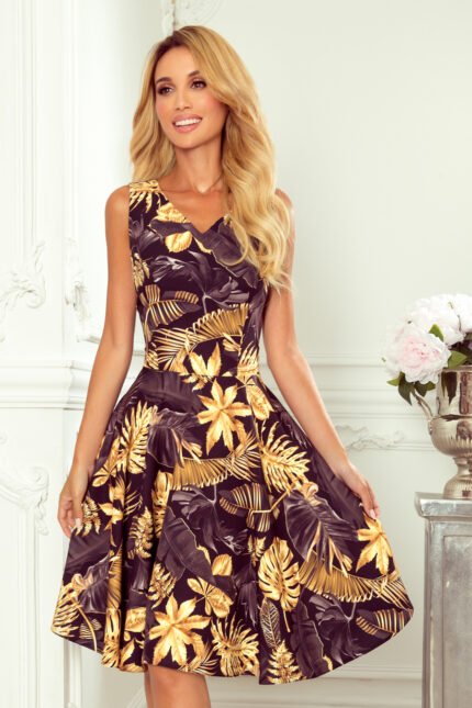 114-13 Flared dress - heart-shaped neckline - Golden leaves-1