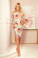 13-121 Sports dress with pockets - beige linen + red flowers-3