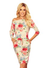 13-121 Sports dress with pockets - beige linen + red flowers-7
