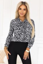 140-28 Business blouse with long sleeves and a tie at the front - black and white pattern-1