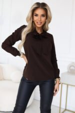 140-29 Business blouse with long sleeves and a tie at the front - chocolate-1
