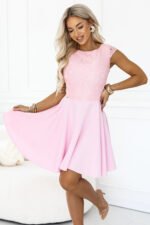 157-10 MARTA Flared dress with lace and sleeves - light pink-4