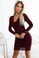 170-14 Lace dress with long sleeves and neckline - dark maroon-2