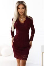 170-14 Lace dress with long sleeves and neckline - dark maroon-1