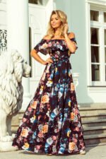 194-3 Long dress with frill - black + colorful flowers-1