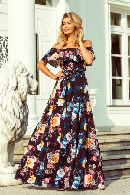 194-3 Long dress with frill - black + colorful flowers-1