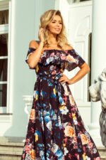 194-3 Long dress with frill - black + colorful flowers-3