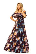194-3 Long dress with frill - black + colorful flowers-5