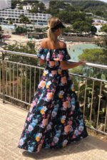 194-3 Long dress with frill - black + colorful flowers-7
