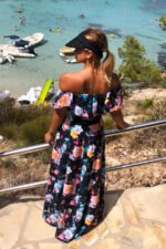 194-3 Long dress with frill - black + colorful flowers-8