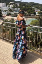 194-3 Long dress with frill - black + colorful flowers-11