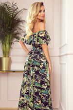 194-4 Long dress with frill - green leaves and gold chains-2
