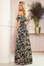 194-4 Long dress with frill - green leaves and gold chains-4