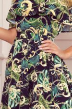 194-4 Long dress with frill - green leaves and gold chains-5
