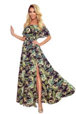 194-4 Long dress with frill - green leaves and gold chains-6