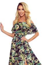 194-4 Long dress with frill - green leaves and gold chains-7