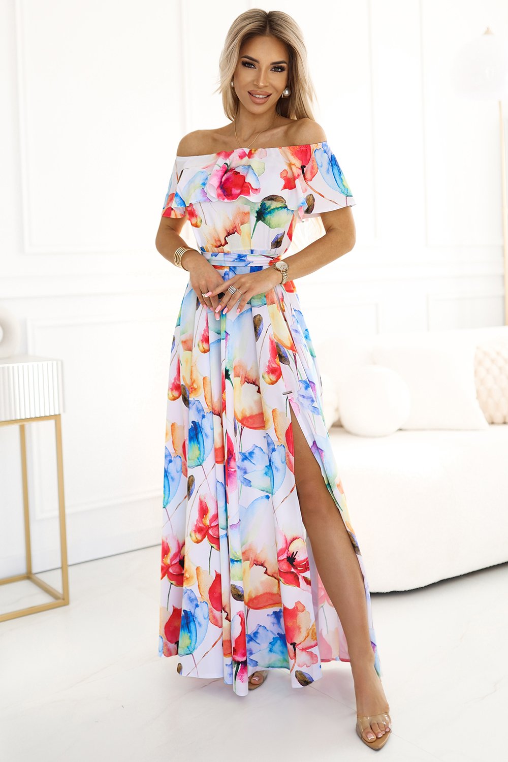194-5 Long summer dress with a belt - colorful flower pattern ?-1 194-5 Long summer dress with a belt - colorful flower pattern ?-1
